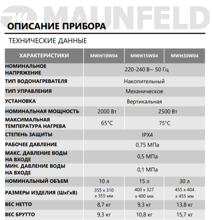 Водонагреватель MAUNFELD MWH15W04